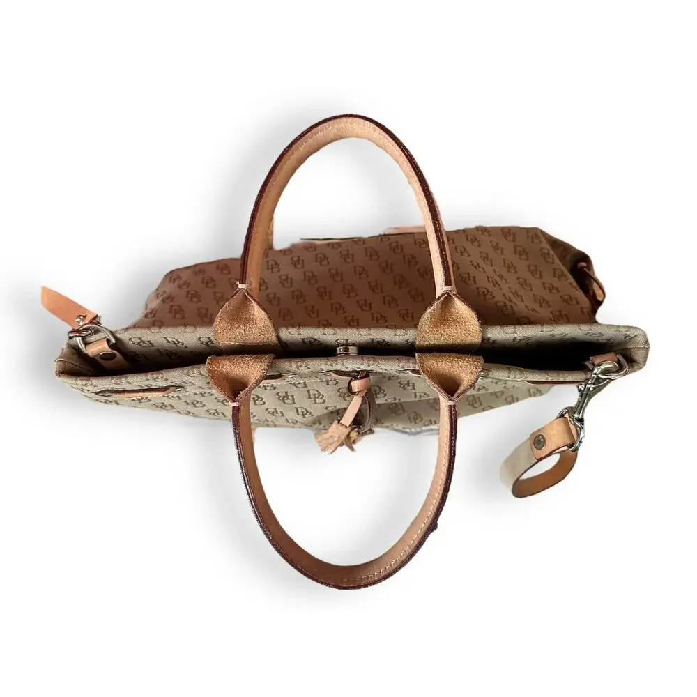 Dooney & Bourke Canvas Leather Monogram Shoulder Handbag Beige Tassel Snap